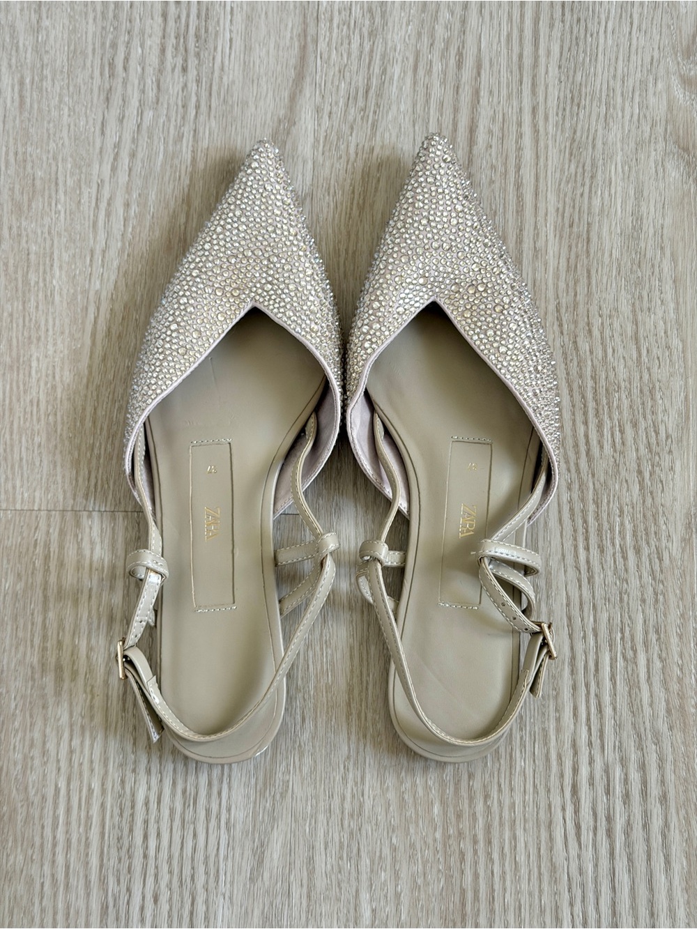 Zara Crystal-Studded Pointed Slingback Flats in Champagne